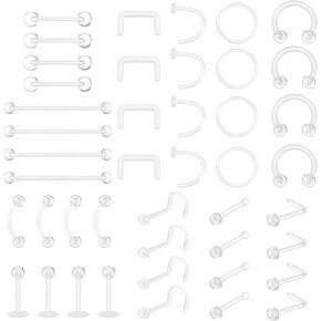 44pcs Acrylic Nose Piercing Clear Piercing Retainers Clear Piercing Jewelry Eyebrow Nipple Lip Nose Tongue Belly Button Rings Peircing Kit for Work Surgery