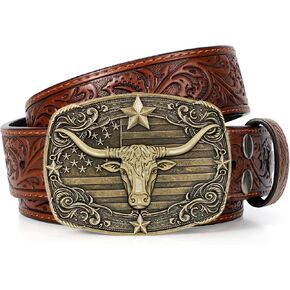 SANSTHS Western Cowboy Belts for Men Women, Mens Western Belt Bull Buckle Country Belt Cowboy Leather Belt for Jeans