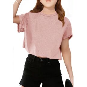 Girls Short Sleeve Crop Tops Kids Fashion Oversized Cute Crew Neck Cropped Athletic T Shirts Trendy Boxy Tee
