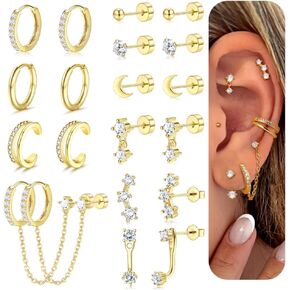 Florideco Small Gold Earrings for Women Hypoallergenic 20G Surgical Stainless Steel Flat Back Stud Earrings Dainty Stackable Earring Stacks Hoop Cartilage Earring Sets for Multiple Piercing