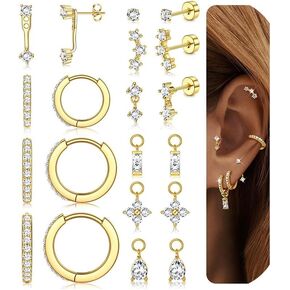 Hypoallergenic 14K Gold Plated Silver Earrings for Women - Surgical Stainless Steel Hoop Cartilage Earrings Set Small Flat Back Stud Stacks with CZ Charm Helix Conch Tragus Piercing Jewelry