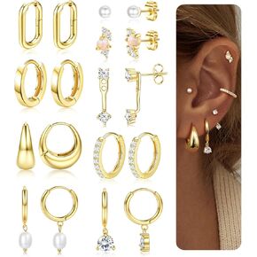 LOLIAS Small Gold Hoop Earring Stacks for Women - 14K Gold Plated Huggie Stud Hoop Earrings Hypoallergenic Stainless Steel Cartilage Earring Sets for Multiple Piercing Lightweight 9Pairs