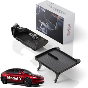 For Tesla Model Y (2019~2026) Console Organizer - 1* [2-in-1 Car Food Tray& Behind Screen Organizer] and 1* Under Screen Storage Box Hidden Design Compatible with Model Y Juniper - with Anti-Slip Mat