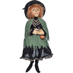 C & F Home Homeen Yolanda Witch Black Cat Black Cat Doll Folk Art Dollible ، Joe Spencer جمع التقاليد المخيفة المخيفة خريف الخريف حصاد ديكور غرفة المعيشة التماثيل التماثيل 9 "× 8" × 40 "