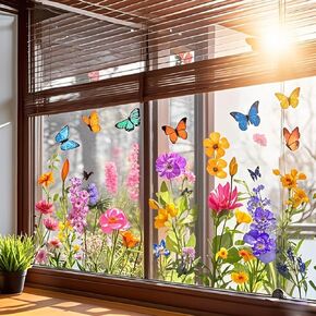 Window Clings for Glass Windows,Colorful Floral Bouquet Window Sticker,Removable Double-Sided, Cut to Size Freely,Reusable, for Bedroom Living Room Office Decor Home Decoration(A:11.8x23.6in)