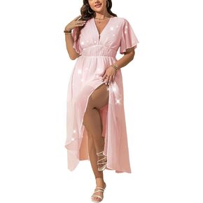 Summer Dresses for Women 2025 Elegant Classy Cocktail Wedding Guest Dress Short Sleeve Slit Maxi with Pockets