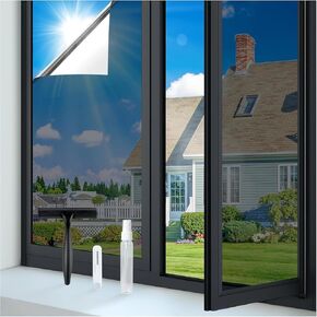 RABBITGOO ONE WAND WIND WINDOW FIME FIME TINT مع 3 أدوات للمنزل ، وأشعة الشمس UV الحظر السيطرة على مرآة عاكسة ، فيلم شاهد Out Out في أغطية أبواب المكتب ، الفضة السوداء ، 17.5 × 78.7 بوصة