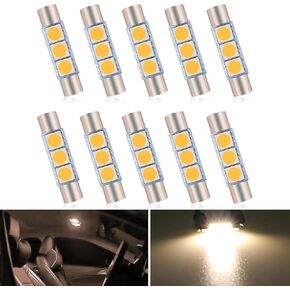 Pack-10 Car 28mm LED Reading Light, 6614F/6612F 5050-3SMD Chips 180° Lighting Super Bright Sunshade Makeup Light, Plug and Play No Delay Roof Light Replacement, Universal for Cars (Warm White)