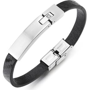 COOLSTEELANDBEYOND Mens Steel ID Identification Bracelet with Cubic Zirconia and Black Textured Leather Straps