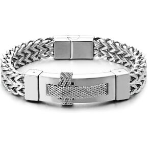 COOLSTEELANDBEYOND Masculine Steel Cross Bracelet for Men, Double Square Franco Chain ID Identification with Mesh Chain