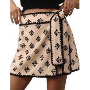 Womens Wrap Skort Skirt Print Skirt مرنة الخصر التنانير المصغرة قصيرة مع ربطة عنق الجانبية