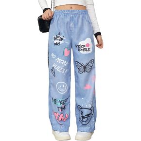 WDIRARA Girl's Cartoon Graphic Baggy Jeans Cute Elastic Waist Wide Leg Denim Pants