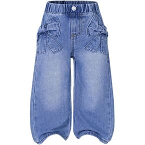 GORGLITTER Girl's Bow Denim Jeans Baggy Elastic Waist Straight Leg Pants Butterfly Ripped Wide Leg Joggers