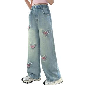 Rolanko Girls Baggy Jeans Distressed Denim Pants Elastic Waist Wide Leg Jeans for Girls Kids Loose Fit 4-14 Years
