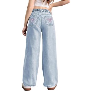 Wdirara Girl's Bowknot Embroidery Wide Leg Denim Pants Y2K High Weist Baggy Jeans