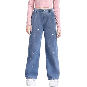 GORGLITTER Girl's Heart Print Denim Jeans Pants Baggy Elastic High Waisted Straight Leg Pant Wide Leg Joggers