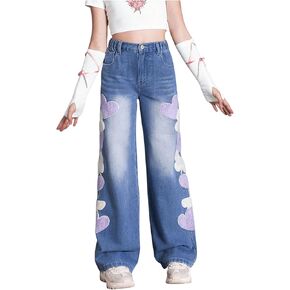 SHENHE Girl's Straight Leg Jeans Heart Print Elastic Waist Cute Denim Pants Jeans