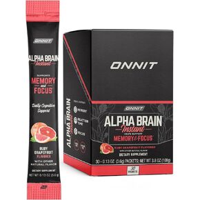 Onnit Alpha Brain Instant - Ruby Grapefruit Flavor - Nootropic Brain Booster Memory - دعم الدماغ للتركيز ، الطاقة والوضوح - ألفا GPC الكولين ، Cats Claw ، L -theanine ، Bacopa - 30ct