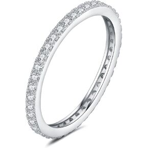 JewelryPalace Genuine Moissanite Wedding Rings for Women, Eternity 14k White Yellow Rose Gold Plated 925 Sterling Silver Promise Ring for Her, Round Cut Simulated Diamond Anniversary Band Ring VVS D-F