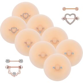 Tondiamo 4 Pairs Silicone Nipple Covers with Piercing Diamond Adhesive Reusable Fake Nipple for Women With Piercing