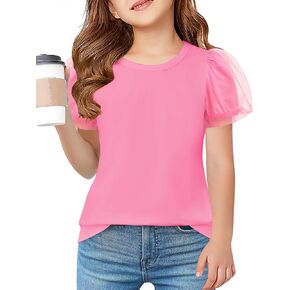 Arshiner Girls Shirts Mesh Puff Short Sleeves Blouse Crewneck Cute Print Summer Kids Tee Tops