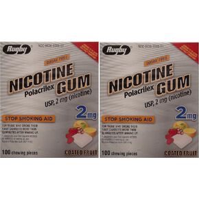 Nicotine Gum 2mg Sugar Free Coated Fruit Generic for Nicorette 100 Pieces per Box Pack of 2 Total 200 Pieces