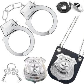 Toy Metal Handcuffs with Keys, 2 Badges, Whistle, Police Officer Costume Accessory Set,Party Favors Fake Pretend Play Props Party Supplies for Kids & Adults Cosplay,Silver