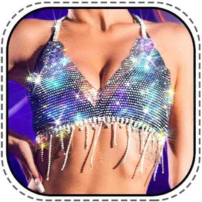Zoestar Rhinestone Mesh Bra Top Glitter Crystal Chest Tops Disco Night Club Bra for Women