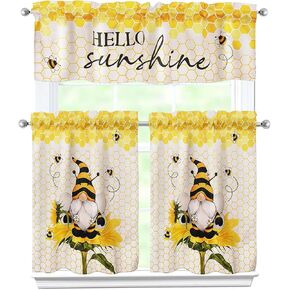 Spring Summer Kitchen Curtains 3 Piece Set Summer Bees Gnomes Curtains Valance & Tiers for Kitchen Home Indoor Cafe 36 Inch Short Window Curtain Over Sink Window Farmhouse Spring Decor