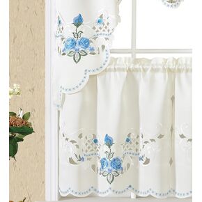 GOHD Rose Fragrance 3pcs Multi-Color Embroidery Curtain with cutworks, Swag Valance and Tiers Set,Satin Fabric,Multi-Color Kitchen Cafe Curtain Set(Blue)
