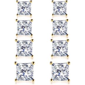 925 Sterling Silver Stud Earrings, 4 Pairs Square Cubic Zirconia Stud Earrings Set for Women Men 3 4 5 6mm
