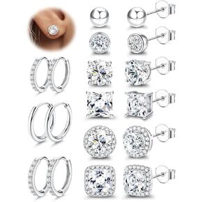 BESTEEL S925 Sterling Silver Stud Earrings for Women Men - Hypoallergenic 18K Gold Plated Hoop Earring Big Round Square Simulated Diamond Halo Studs Earrings for Sensitive Ears