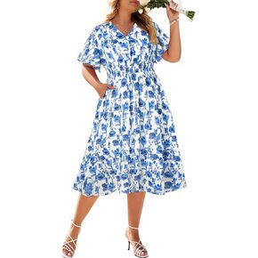 حنا نيكول للسيدات بالإضافة إلى الحجم الصيفي فستان الأزهار غير الرسمي قصير الأكمام sundress أرجوحة خط ماكسي مع جيوب
