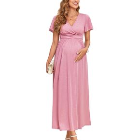 2025 Women's Sparkly Maternity Maxi Dress Ruffle Sleeve Wrap V Neck Pregnancy Dresses with Pockets Baby Shower