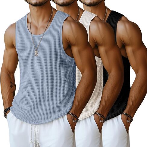 Riyiper 3 Pack Men's Waffle Knit Tank Tops, Casual Sleeveless Tank Shirts Summer Classic Beach T-Shirts Breathable Muscle Tee in Kuwait