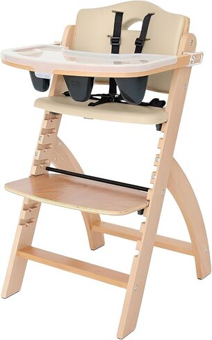 ABIIE Beyond Junior Wooden High Kair مع صينية - كرسي مرتفع قابل للتعديل وقابل للتحويل للأطفال والأطفال الصغار - 6 أشهر إلى 250 رطل - خشب طبيعي مقاوم للماء مع وسادة أرجواني in Kuwait