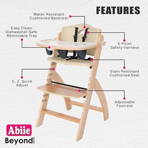 ABIIE Beyond Junior Wooden High Kair مع صينية - كرسي مرتفع قابل للتعديل وقابل للتحويل للأطفال والأطفال الصغار - 6 أشهر إلى 250 رطل - خشب طبيعي مقاوم للماء مع وسادة أرجواني in Kuwait