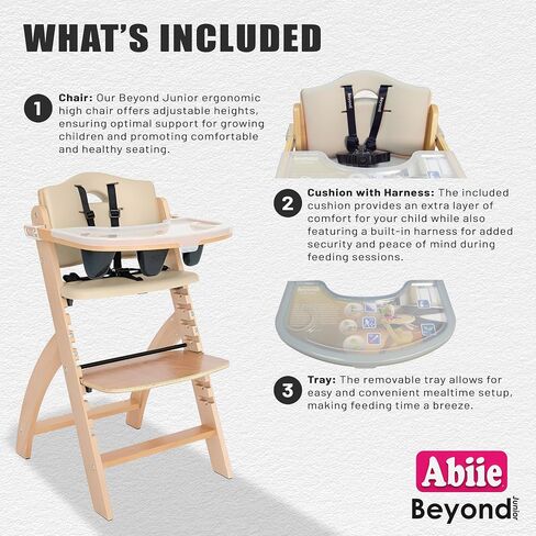 ABIIE Beyond Junior Wooden High Kair مع صينية - كرسي مرتفع قابل للتعديل وقابل للتحويل للأطفال والأطفال الصغار - 6 أشهر إلى 250 رطل - خشب طبيعي مقاوم للماء مع وسادة أرجواني in Kuwait
