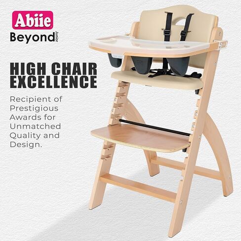ABIIE Beyond Junior Wooden High Kair مع صينية - كرسي مرتفع قابل للتعديل وقابل للتحويل للأطفال والأطفال الصغار - 6 أشهر إلى 250 رطل - خشب طبيعي مقاوم للماء مع وسادة أرجواني in Kuwait