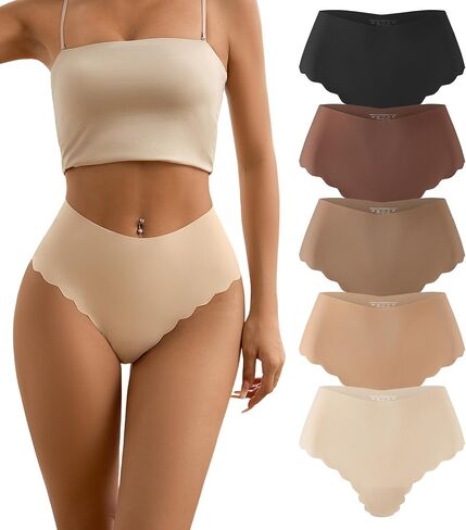 SHARICCA High Waisted Seamless Thongs for Women No Show High Rise Scalloped Thong Underwear Ribbed Invisible Panties 5 Pack in Saudi Arabia