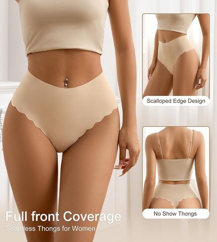 SHARICCA High Waisted Seamless Thongs for Women No Show High Rise Scalloped Thong Underwear Ribbed Invisible Panties 5 Pack in Saudi Arabia