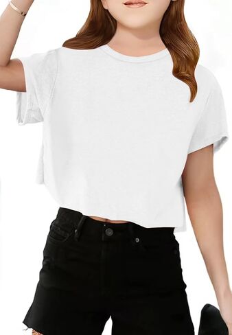 Girls Short Sleeve Crop Tops Kids Fashion Oversized Cute Crew Neck Cropped Athletic T Shirts Trendy Boxy Tee in Kuwait