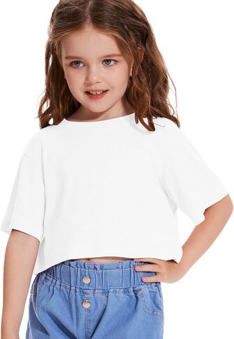 Girls Short Sleeve Crop Tops Kids Fashion Oversized Cute Crew Neck Cropped Athletic T Shirts Trendy Boxy Tee in Kuwait