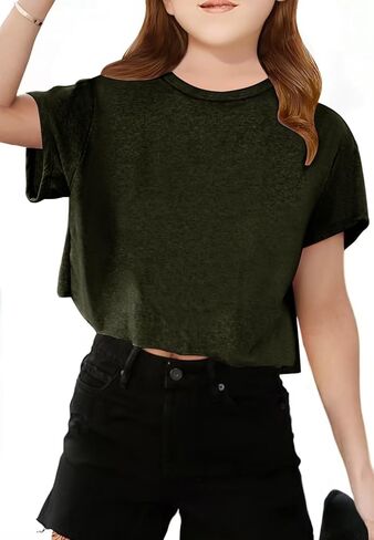 Girls Short Sleeve Crop Tops Kids Fashion Oversized Cute Crew Neck Cropped Athletic T Shirts Trendy Boxy Tee in Kuwait