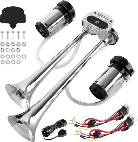 Air Horn for truck horn kit, ultra loud dB. The Air horn with two 120 PSI Air compressor is suitable for pickup/motorhome/SUV/truck/train 12V 150db and other vehicles (silvery with button) in Saudi Arabia