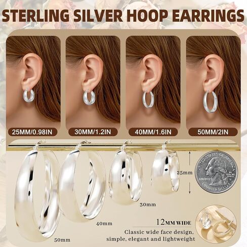 أقراط طوق سميكة بعرض 12 ملم 925 أقراط الفضة الفضية للنساء للنساء hypoallergenic 14k الأطواق ذات الذهب الحقيقي المطلي بالذهن الكبير في القرط الخفيف الوزن البسيط للنساء 25/30/40 ملم in Kuwait