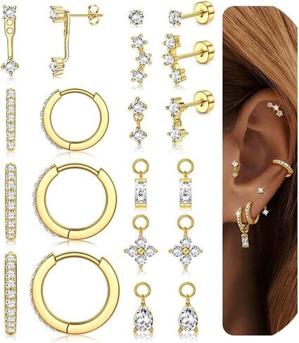 Hypoallergenic 14K Gold Plated Silver Earrings for Women - Surgical Stainless Steel Hoop Cartilage Earrings Set Small Flat Back Stud Stacks with CZ Charm Helix Conch Tragus Piercing Jewelry in Kuwait