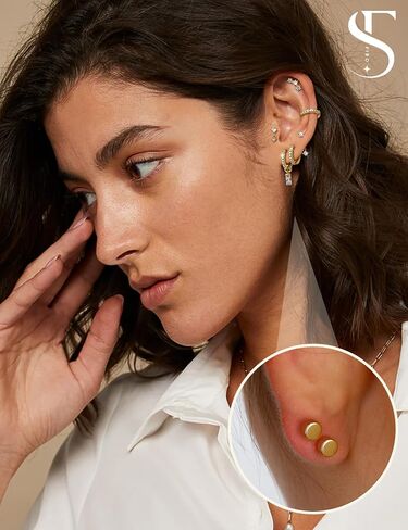 Hypoallergenic 14K Gold Plated Silver Earrings for Women - Surgical Stainless Steel Hoop Cartilage Earrings Set Small Flat Back Stud Stacks with CZ Charm Helix Conch Tragus Piercing Jewelry in Kuwait