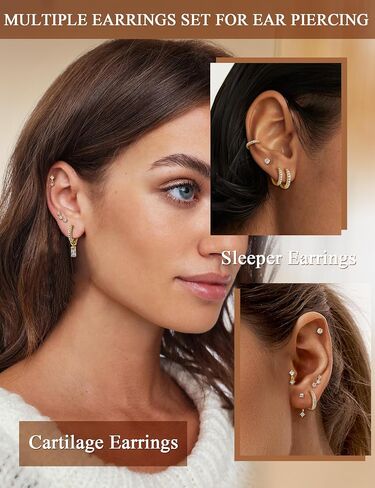 Hypoallergenic 14K Gold Plated Silver Earrings for Women - Surgical Stainless Steel Hoop Cartilage Earrings Set Small Flat Back Stud Stacks with CZ Charm Helix Conch Tragus Piercing Jewelry in Kuwait