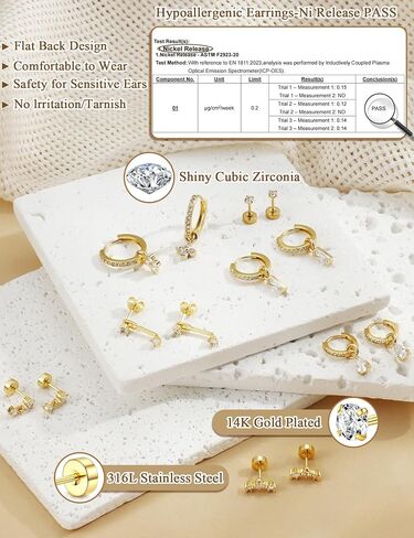 Hypoallergenic 14K Gold Plated Silver Earrings for Women - Surgical Stainless Steel Hoop Cartilage Earrings Set Small Flat Back Stud Stacks with CZ Charm Helix Conch Tragus Piercing Jewelry in Kuwait